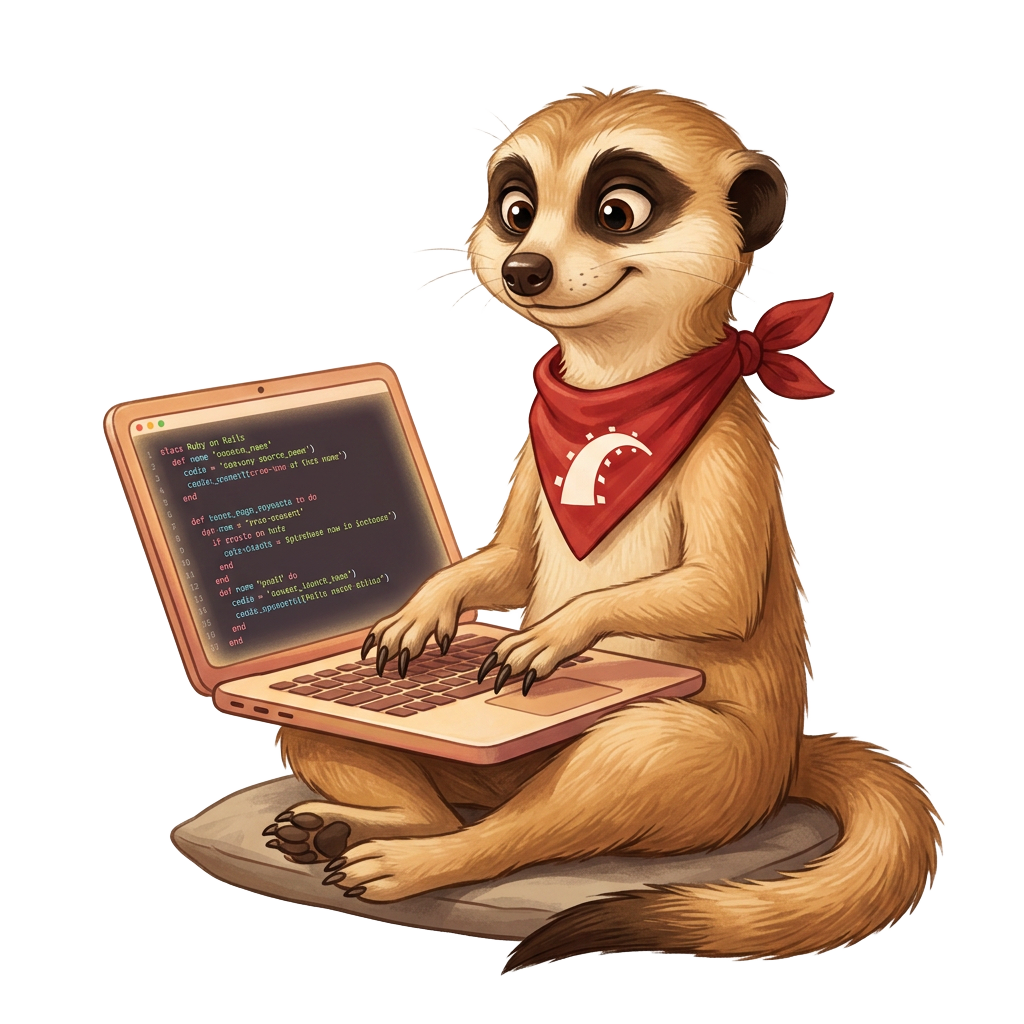 Kip the meerkat coding on a laptop